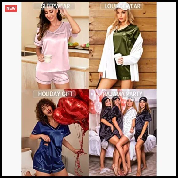 Satin Pajama Set Short Sleeve V-Neck Soft Lounge Sleepwear Two Piece